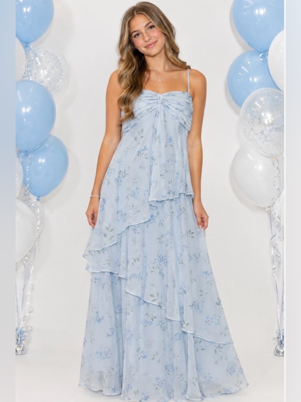 NWT Powder Blue Floral Tiered Chiffon Maxi Dress Size 16